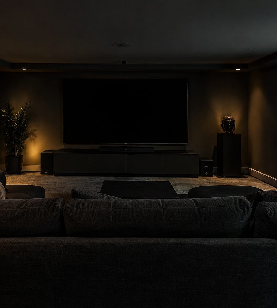 Home theater room with blackout window film on the windows