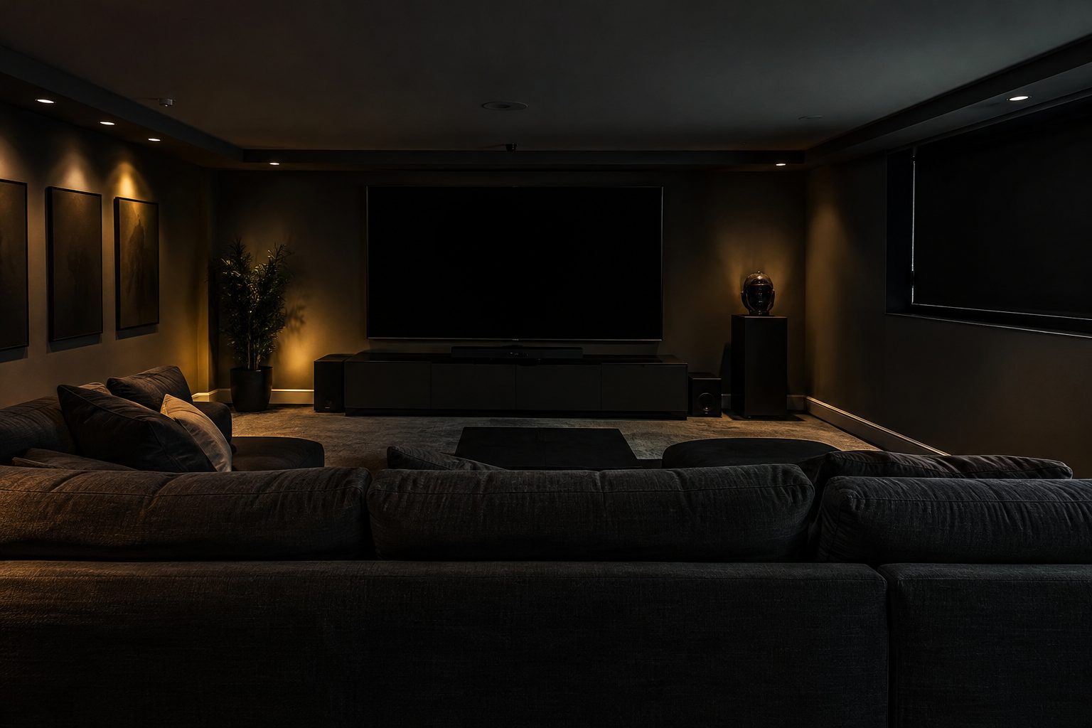 Home theater room with blackout window film on the windows