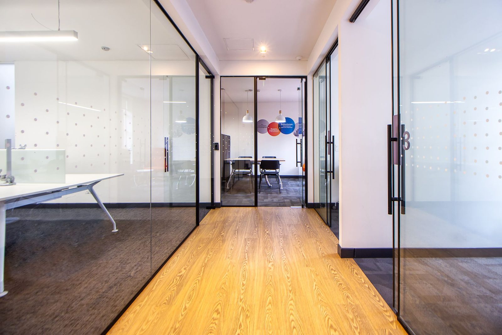 Glass office partitions with dotted decorative window film