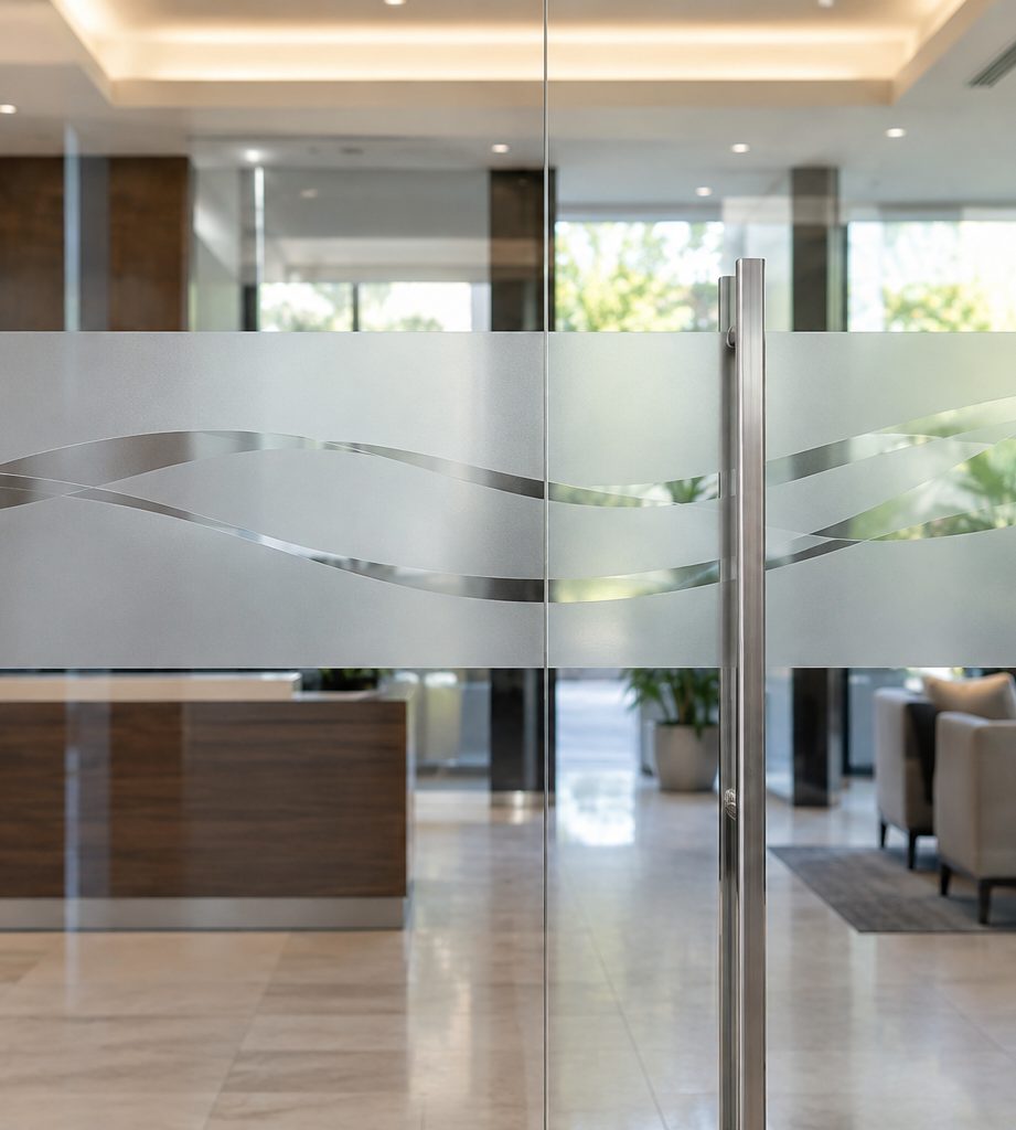 Office glass entrance door with a frosted etched film band