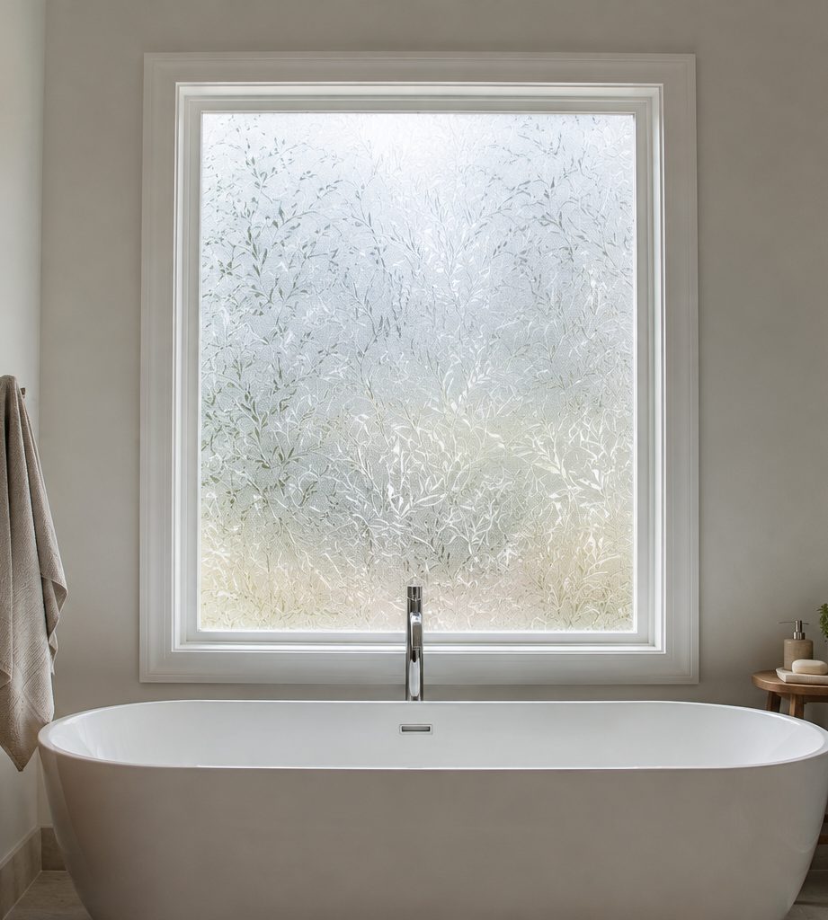 Bathroom window with frosted privacy window film