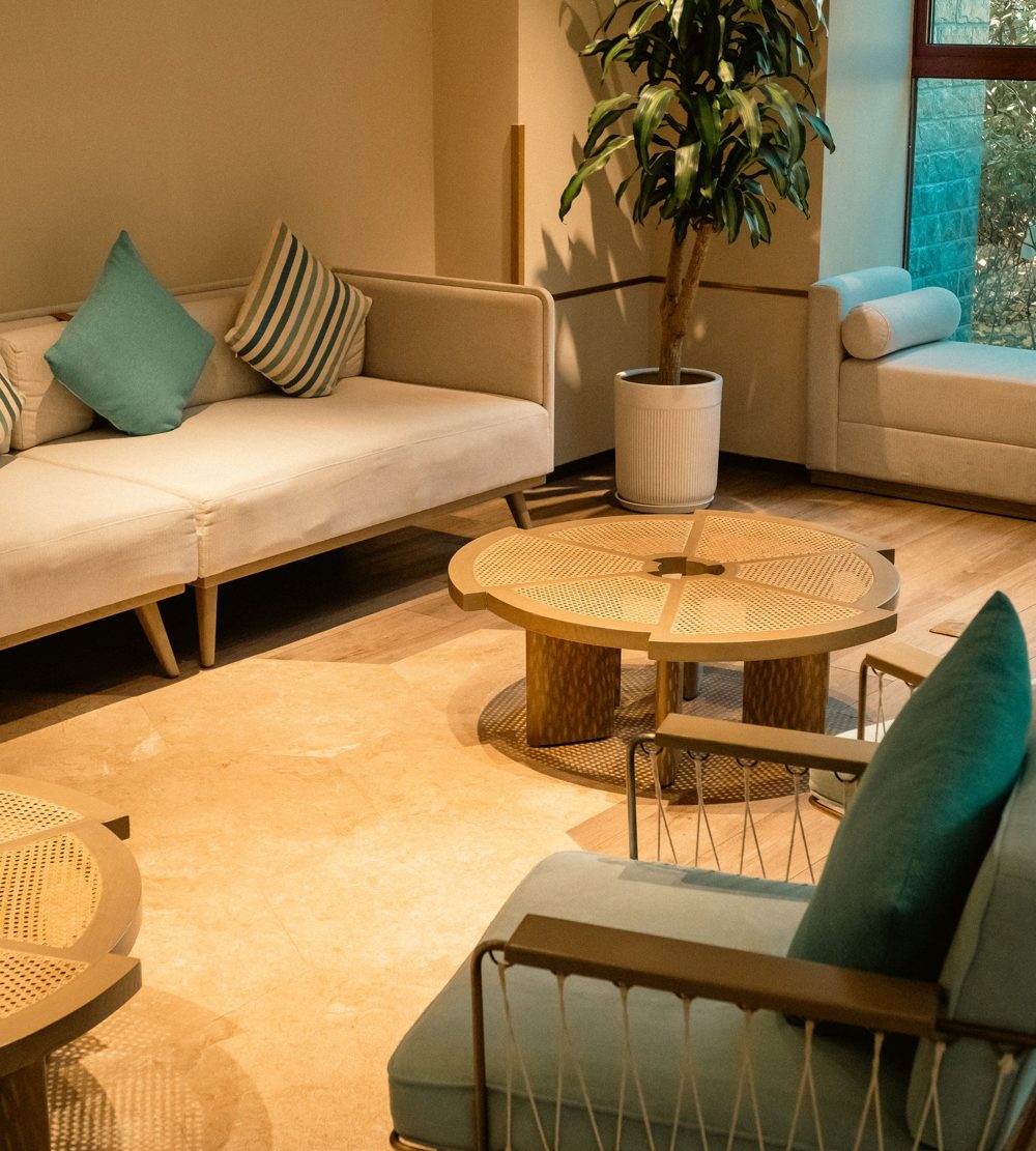Bright commercial lounge with tall windows