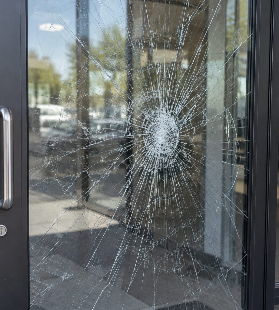 Cracked storefront glass held together in one piece by security window film