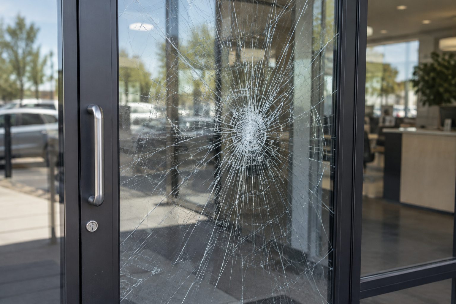 Cracked storefront glass held together in one piece by security window film