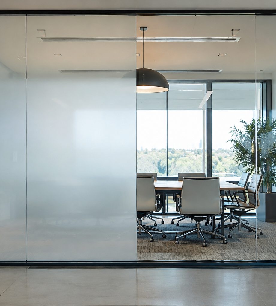 Glass meeting room wall with switchable smart film, half opaque and half clear