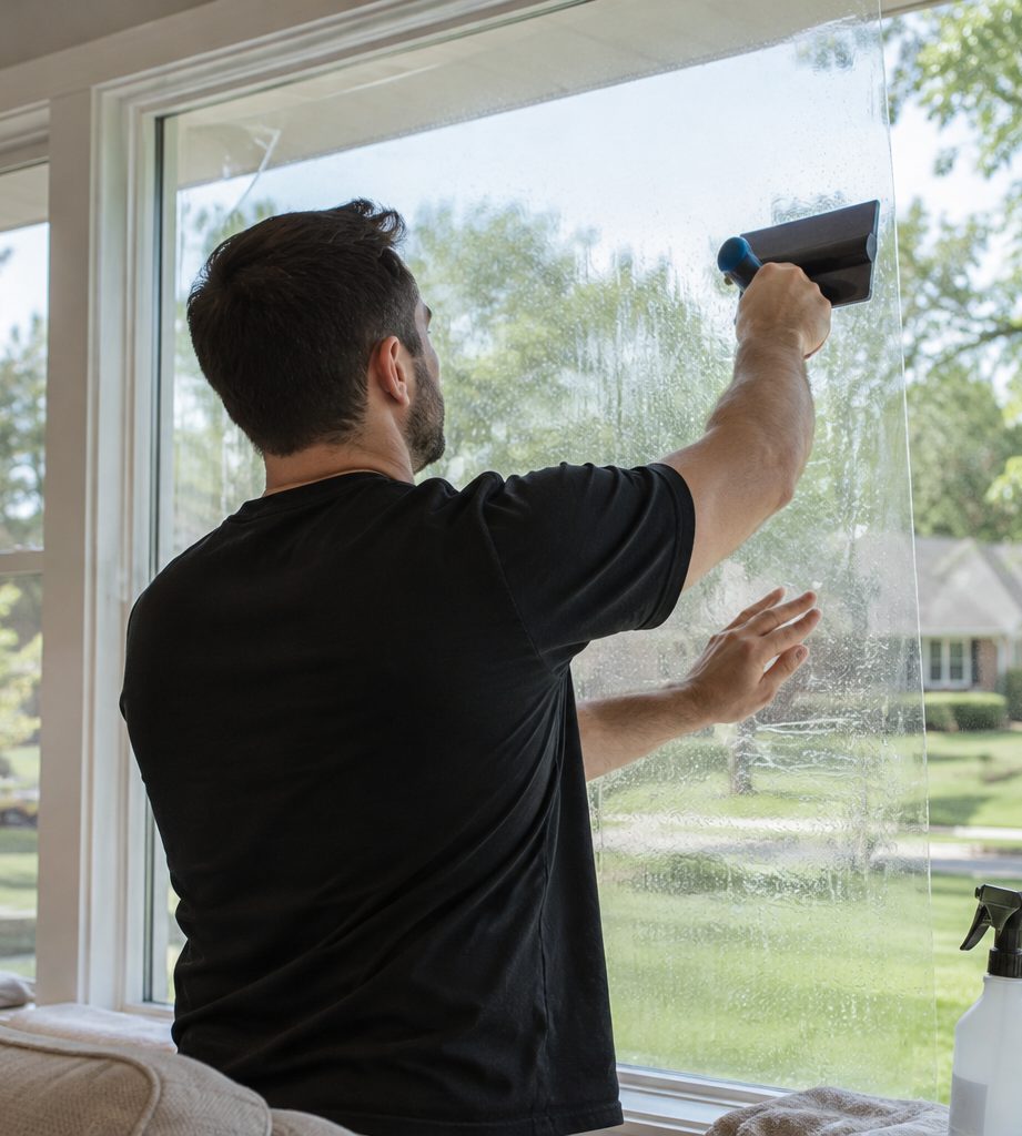 Installer applying window film to a living room window with a squeegee